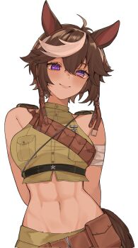 1girl abs animal_ears arms_behind_back bandaged_arm bandages bare_shoulders breast_pocket breasts brown_hair brown_shirt closed_mouth crop_top highres horse_ears horse_tail indie_virtual_youtuber looking_at_viewer medium_breasts midriff mismatched_eyes mugripley multicolored_hair navel pocket purple_eyes second-party_source shirt short_hair simple_background sleeveless sleeveless_shirt smile solo stomach streaked_hair tail tomoe_umari upper_body virtual_youtuber white_background