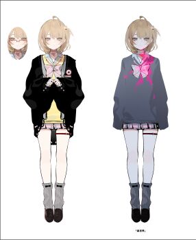 1girl 2girls absurdres ahoge blonde_hair brown_hair cardigan closed_mouth full_body highres jacket kurosawahei long_sleeves looking_at_viewer multiple_girls multiple_views non-web_source original pleated_skirt school_uniform shoes simple_background skirt sleeves_past_wrists smile standing thighhighs white_background