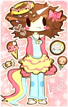 1girl :3 blue_pants blue_shirt bow brown_hair candy chickenfrymilo commentary deformed donut english_text food full_body heart ice_cream jacket jewelry lollipop long_sleeves medium_hair musical_note necklace original pants peace_symbol pill_hair_ornament pink_arm_warmers pink_background pink_bow pink_jacket shirt shoes skirt star_(symbol) star_necklace symbol-only_commentary tongue tongue_out unicorn_horn yellow_shoes yellow_skirt