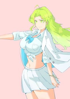 bleach bleach:_sennen_kessen-hen bracelet breasts buttons candice_catnipp cleavage closed_mouth green_eyes green_hair jacket jewelry large_breasts long_hair navel official_alternate_costume quincy_(bleach) ribbon school_uniform skirt solo solo_focus spinosaur1111 standing sternritter stomach