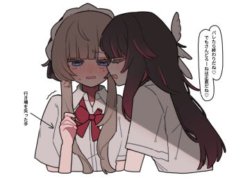 22_rink 2girls alternate_costume black_hair blush bow bowtie collared_shirt columbina_(genshin_impact) commentary_request contemporary genshin_impact hand_up highres multiple_girls open_mouth pink_streaks red_bow red_bowtie sandrone_(genshin_impact) school_uniform shirt simple_background smile speech_bubble tears translation_request upper_body white_background white_shirt yuri