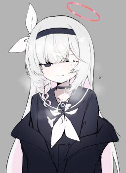 1girl black_serafuku blue_archive commentary_request cum cum_on_body cum_on_clothes cum_on_hair facial grey_background grey_eyes grey_hair halo happy_facial heart highres long_hair looking_at_viewer multicolored_hair neckerchief pink_hair plana_(blue_archive) red_halo retri school_uniform serafuku simple_background smile solo spoken_heart two-tone_hair white_neckerchief