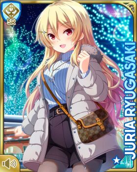 1girl :d black_shorts blonde_hair card_(medium) character_name coat girlfriend_(kari) grey_leggings jewelry leggings night official_art open_mouth outdoors qp:flapper red_eyes ryugasaki_juria shorts smile standing sweater tagme white_coat white_sweater winter winter_clothes