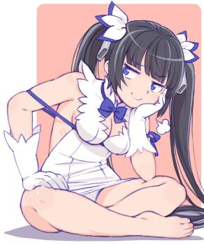1girl arm_ribbon black_hair blue_bow blue_eyes blue_ribbon bow breasts cleavage cleavage_cutout clothing_cutout commentary_request crossed_legs dress dungeon_ni_deai_wo_motomeru_no_wa_machigatteiru_darou_ka elbow_gloves facing_viewer gloves hair_ornament hair_ribbon hand_on_own_face hestia_(danmachi) highres long_hair looking_at_viewer looking_to_the_side on_floor pink_background pocho puff_of_air rei_no_himo ribbon sidelocks sideways_glance simple_background sitting smile smug solo twintails white_dress white_gloves