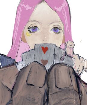 1boy 1girl anti-eyebrow_piercing bartholomew_kuma borukeinosatie card face_piercing father_and_daughter holding holding_card jewelry_bonney long_hair one_piece piercing pink_hair purple_eyes simple_background white_background