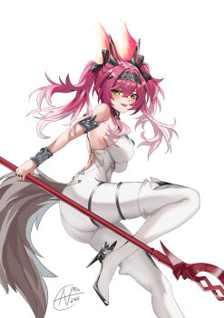 1girl absurdres armlet ass bare_shoulders black_bow bodysuit boots bow breasts commentary dated fanchin from_side gradient_hair hair_between_eyes hair_bow hairband headgear high_heel_boots high_heels highres holding holding_polearm holding_weapon jewelry large_breasts looking_at_viewer looking_to_the_side lupa_(wuthering_waves) metal_hairband multicolored_hair multiple_hair_bows open_mouth pink_hair polearm red_pupils signature simple_background smile solo tail thigh_boots twintails variant_set weapon white_background white_bodysuit wolf_tail wrist_guards wuthering_waves yellow_eyes