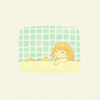 1girl aine_(hoshi_wo_miru_hito) bath bathing blush_stickers border closed_eyes closed_mouth commentary_request hijikimon2mon holding holding_towel hoshi_wo_miru_hito long_hair nude orange_hair rubber_duck smile solo stargazer_(series) tile_wall tiles towel white_border