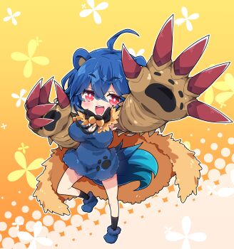 1girl :d absurdres ahoge arzuros black_socks blue_dress blue_hair blue_shoes blush breasts bright_pupils chibi chibi_only claws commentary double-parted_bangs dress full_body hair_between_eyes highres looking_at_viewer milkpanda monster_hunter_(series) open_mouth orange_background personification red_eyes shoes short_hair smile socks solo standing standing_on_one_leg white_pupils