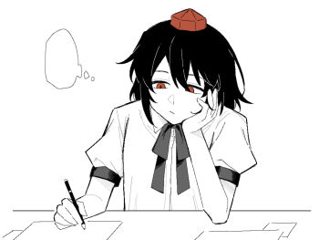 Rule 34 | 1girl, black bow, black bowtie, black hair, blank speech bubble, bow, bowtie, closed mouth, collared shirt, commentary request, hand on own cheek, hand on own face, hat, long hair, missing wings, puffy short sleeves, puffy sleeves, red eyes, red hat, sakic43899, shameimaru aya, shirt, short sleeves, solo, speech bubble, tokin hat, touhou, white shirt, writing