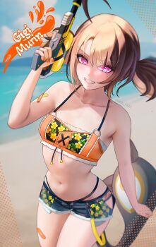 1girl absurdres ahoge beach bikini bikini_bottom_under_shorts bikini_under_clothes black_bikini blonde_hair blue_shorts blue_sky blurry blurry_background brown_hair character_name clothing_cutout cloud commentary day denim denim_shorts english_commentary gigi_murin gigi_murin_(holonatsu_paradise) hand_up highleg highleg_bikini highres hip_vent holding holding_water_gun hololive hololive_english lazik_1337 looking_at_viewer multi-strapped_bikini_bottom multicolored_hair navel official_alternate_costume open_fly orange_bikini outdoors pink_eyes short_hair short_shorts short_twintails shorts sky solo stomach swimsuit tail trigger_discipline twintails two-tone_hair virtual_youtuber water_gun