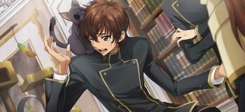 >_< 1girl 2boys animal animal_on_shoulder arthur_(code_geass) artist_request belt biting black_jacket book bookshelf brown_hair buttons cat cat_teaser cat_tower code_geass code_geass:_lost_stories day double-breasted dutch_angle game_cg green_eyes hand_up head_biting highres indoors jacket kururugi_suzaku layered_sleeves lelouch_vi_britannia long_sleeves male_focus multiple_boys non-web_source official_art one_eye_closed open_mouth school_uniform shirley_fenette short_hair sidelocks solo_focus sparkle sweat teeth upper_body wince