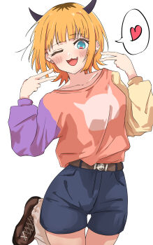 1girl :3 absurdres belt blue_shorts blush brown_belt collarbone commentary_request fang hands_up heart highres horns long_sleeves memcho multicolored_hair one_eye_closed open_mouth oshi_no_ko pink_shirt roots_(hair) shirt short_hair shorts simple_background solo spoken_heart urishima white_background