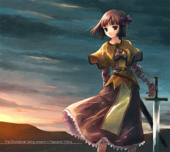1girl armor bad_id bad_pixiv_id black_hair cloud female_focus gloves hair_ribbon outdoors planted_sword planted_weapon ragnarok_online ribbon scabbard sheath short_hair sky solo sword swordsman_(ragnarok_online) unsheathed weapon yakka