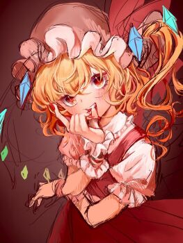 Rule 34 | 1girl, 80isiiii, blonde hair, blood, blood from mouth, blush, collared shirt, commentary, crystal, crystal wings, flandre scarlet, frilled shirt collar, frills, hat, highres, long hair, looking at viewer, mob cap, multicolored wings, one side up, puffy short sleeves, puffy sleeves, red eyes, red skirt, red vest, shirt, short sleeves, sketch, skirt, slit pupils, smile, solo, touhou, vest, white hat, white shirt, wings, wrist cuffs