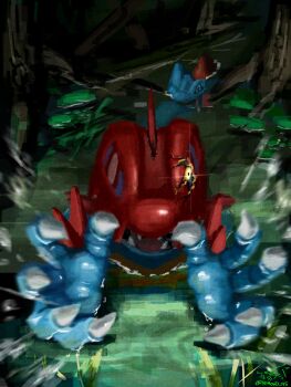 attack claws fangs feraligatr gen_2_pokemon glowing glowing_eyes highres lily_pad looking_at_viewer mega_feraligatr mega_pokemon nintendo no_humans open_mouth partially_submerged pokemon pokemon_(creature) pokemon_focus pokemon_legends:_z-a rhond_45 sharp_teeth swimming tail teeth totodile tree water yellow_eyes