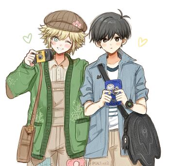 Rule 34 | 2boys, antenna hair, bag charm, basil (birthday) (omori), basil (faraway) (omori), basil (omori), black bag, black eyes, black hair, blonde hair, blue eyes, blue jacket, blush, bright pupils, brown bag, brown hat, brown overalls, brown pants, camera, cardigan, character bag, character charm, character sticker, charm (object), closed mouth, collared jacket, collared shirt, commentary, double-parted bangs, green cardigan, hair between eyes, handheld game console, hashtag-only commentary, hat, hector (omori), highres, holding, holding camera, holding handheld game console, jacket, long sleeves, looking at viewer, male focus, multiple boys, newsboy cap, omori, one eye closed, open cardigan, open clothes, open jacket, open mouth, overalls, pants, salt xs2, shirt, short-sleeved jacket, short hair, short sleeves, sidelocks, simple background, smile, something (omori), sticker, sunny (birthday) (omori), sunny (omori), white background, white pupils, white shirt
