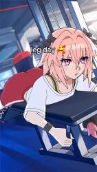 1boy 2025 amplected androgynous animated ass astolfo_(fate) audible_music black_bow bow braid clenched_hands commentary crop_top dutch_angle english_commentary english_text exercising fang fate/apocrypha fate_(series) foreshortening gym gym_shorts hair_bow half-closed_eyes highres indoors leg_lift light_blush long_hair looking_at_viewer low-braided_long_hair low-tied_long_hair low_ponytail lying lying_leg_curl male_focus meme midriff multicolored_hair multiple_views music on_stomach open_mouth parted_bangs pink_hair ponytail purple_eyes red_shorts shirt shoes shorts skin_fang smile smug sneakers sound straight-on streaked_hair sunlight tagme tank_top trap video white_hair white_shirt white_shoes yellow_trim