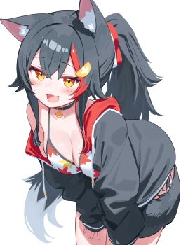 1girl :d absurdres animal_ears black_hair commentary_request deaver hair_ornament hairclip highres hololive long_hair looking_at_viewer multicolored_hair ookami_mio ookami_mio_(hololive_summer_2019) open_mouth red_hair simple_background smile solo streaked_hair swimsuit tail virtual_youtuber white_background wolf_ears wolf_girl wolf_tail yellow_eyes