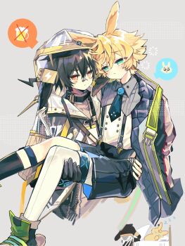 Rule 34 | 2boys, :<, animal ears, arknights, ayerscarpe (arknights), bandaid, bandaid on face, bandaid on nose, baoshi xiao niao, black jacket, black necktie, black shorts, black socks, blonde hair, blush, brown hair, carrying, carrying person, coat, emoji, green eyes, grey background, hand on another's waist, highres, hood, hood up, hooded coat, infection monitor (arknights), jacket, leonhardt (arknights), looking at another, male focus, multiple boys, necktie, orange eyes, panties, pleading face emoji, rabbit ears, shirt, short hair, short necktie, shorts, simple background, single leg pantyhose, socks, speech bubble, suspender shorts, suspenders, thigh strap, underwear, white coat, white panties, white shirt, yaoi