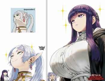 2girls black_robe breast_envy breasts commentary earrings elf english_commentary fern_(sousou_no_frieren) frieren green_eyes jewelry large_breasts looking_at_another meme multiple_girls pointy_ears purple_eyes purple_hair reference_inset robe sousou_no_frieren teardrop_earrings the_golden_smurf upper_body upward_angle_frieren_drawing_(meme) white_tree