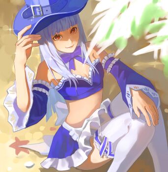 1girl absurdres bare_shoulders breasts capcom_fighting_jam detached_sleeves doshidenamae frills hat highres ingrid_(capcom) ingrid_(midnight_bliss)_(capcom) long_hair medium_breasts midnight_bliss midriff red_eyes skirt solo street_fighter street_fighter_6 thighhighs top_hat white_hair