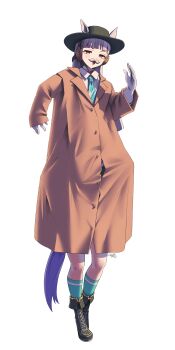 2girls absurdres animal_ears aqua_necktie aqua_socks black_boots blunt_bangs blunt_ends blush boots brown_coat button_gap carrying coat collared_shirt commentary diagonal-striped_clothes diagonal-striped_necktie disguise ear_covers ears_through_headwear fake_facial_hair fake_mustache fedora full_body gloves gold_ship_(umamusume) grey_hair hat highres horse_ears horse_girl horse_tail lapels long_hair mejiro_mcqueen_(umamusume) multiple_girls necktie open_mouth red_eyes shared_clothes shared_coat shirt shoulder_carry signature simple_background socks standing striped_clothes tail umamusume white_background white_gloves white_shirt zhvo