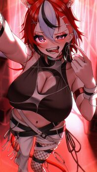1girl 404_(pixiv_94263879) alternate_breast_size_(larger) animal_ear_fluff animal_ears asymmetrical_clothes backlighting bare_shoulders belt black_belt black_shirt black_streaks breasts cleavage cleavage_cutout clothing_cutout collarbone commentary cropped_shirt dot_nose double-parted_bangs earrings english_commentary evil_smile extra_ears fade_(haircut) feet_out_of_frame fishnet_gloves fishnet_thighhighs fishnets gloves glowing glowing_eyes hair_between_eyes hair_ornament hairclip hakos_baelz hakos_baelz_(monochrome_dancer) half-closed_eye highres hololive hololive_english hoop_earrings indoors jewelry large_breasts loose_hair_strand mouse_ears mouse_girl mouse_tail multicolored_hair multiple_belts navel official_alternate_costume official_alternate_hairstyle open_mouth pants raised_eyebrow red_hair saliva sharp_teeth shaved_mark shirt single_pantsleg smile solo streaked_hair tail teeth thighhighs tongue tongue_out virtual_youtuber white_belt white_pants white_streaks wide_hips x_hair_ornament