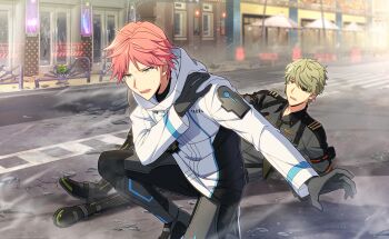Rule 34 | 2boys, black gloves, black pants, black shirt, blue eyes, boots, building, car, collared shirt, dino albani, eyepatch, game cg, gloves, happy elements, helios rising heroes, highres, hood, hood down, jacket, long sleeves, lying, male focus, motor vehicle, multiple boys, non-web source, official art, on one knee, open mouth, outdoors, pants, pink hair, shirt, short hair, sweatdrop, teeth, white jacket