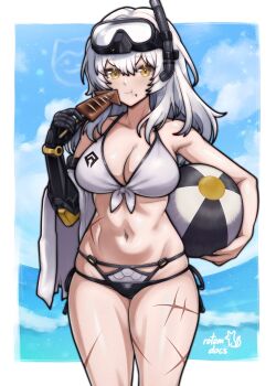 Rule 34 | 1girl, absurdres, ball, bare shoulders, beachball, bikini, blue sky, breasts, cleavage, closed mouth, cloud, collarbone, commentary, commission, diving mask, diving mask on head, english commentary, food, food on face, fried squid, goddess of victory: nikke, goggles, goggles on head, highres, holding, holding ball, holding beachball, holding food, ko-fi commission, large breasts, long hair, looking at viewer, mechanical arms, navel, ocean, rotomdocs, scar, scar on leg, scar on stomach, scar on thighs, sky, smile, snorkel, snorkel mask, snow white (heavy arms) (nikke), snow white (nikke), solo, swimsuit, water, white bikini, white hair, yellow eyes