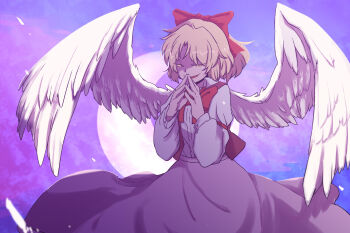 Rule 34 | 1girl, blonde hair, bow, breasts, brown jacket, commentary, commentary request, crescent moon, evil grin, evil smile, feathered wings, gengetsu (touhou), grin, hair bow, highres, jacket, long skirt, long sleeves, lotus land story, matairiku, medium breasts, moon, night, own hands together, red bow, sharp teeth, shirt, short hair, skirt, sky, smile, teeth, touhou, touhou (pc-98), upper teeth only, white shirt, wings, yellow eyes