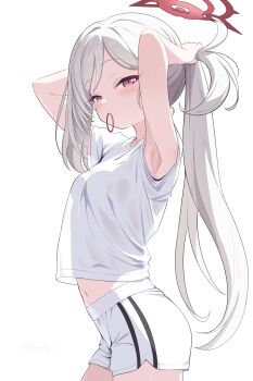 1girl absurdres armpits arms_up blue_archive breasts dolphin_shorts grey_hair hair_between_eyes halo highres leaning_forward loli long_hair looking_at_viewer mutsuki_(blue_archive) navel outline pointy_ears ponytail profile red_eyes red_halo see-through_clothes shirt shorts signature simple_background small_breasts tying_hair white_background white_shirt white_shorts