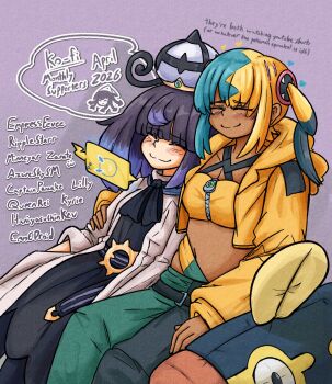 Rule 34 | 2girls, absurdres, artist logo, ascot, black ascot, black hair, black shirt, black skirt, blonde hair, blue hair, blue pants, blunt bangs, blush, canari (pokemon), character doll, closed eyes, closed mouth, colored tips, commentary, dated, doll, eelektrik, english commentary, english text, feet out of frame, gen 4 pokemon, gen 5 pokemon, gwynn (pokemon), hat, highres, jacket, leaning on person, logo, mcsquiddies, medium hair, midriff, multicolored hair, multiple girls, navel, nintendo, pants, pokemon, pokemon legends: z-a, purple background, rotom, rotom phone, shirt, sitting, skirt, smile, split mouth, sports bra, thank you, twintails, two-tone hair, white hat, white jacket, yellow jacket, yellow sports bra, yuri, zipper