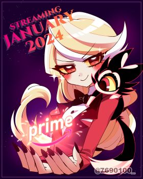 1girl absurdres amazon_(company) animal animal_on_shoulder black_bow black_bowtie black_nails bow bowtie breasts buttons cat cat_on_shoulder charlie_morningstar closed_mouth colored_sclera commentary_request cropped_torso cupping_hands eyes_visible_through_hair fingernails half-closed_eyes hazbin_hotel hellaverse highres inset_border jacket jitome keekee_(hazbin_hotel) lapels light_particles long_fingernails long_hair long_sleeves looking_at_viewer low-tied_long_hair menattou nail_polish own_hands_together purple_background red_eyes red_jacket shirt simple_background small_breasts smile solo sparkle swept_bangs traditional_bowtie turtleneck turtleneck_shirt twitter_username v-shaped_eyebrows white_shirt yellow_sclera