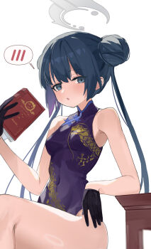 1girl :o absurdres bare_shoulders black_dress black_gloves black_hair blue_archive blush book breasts china_dress chinese_clothes chinese_commentary commentary_request covered_navel double_bun dragon_print dress eyes_visible_through_hair gloves grey_eyes grey_halo hair_between_eyes hair_bun half_gloves halo hand_up highres holding holding_book kisaki_(blue_archive) long_hair looking_at_viewer open_mouth print_dress sercet sidelocks simple_background sitting sleeveless sleeveless_dress small_breasts solo speech_bubble spoken_blush straight_hair thighs thought_bubble twintails very_long_hair white_background