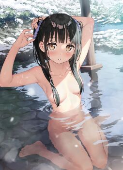 Rule 34 | 1girl, armpits, arms up, barefoot, bathing, black hair, blush, breasts, brown eyes, collarbone, commentary request, completely nude, convenient censoring, detexted, feet, convenient hair, hair ornament, hair over breasts, hair scrunchie, highres, kantoku, long hair, looking at viewer, medium breasts, nagisa (kantoku), navel, nude, onsen, original, outdoors, parted lips, partially submerged, purple scrunchie, scrunchie, sidelocks, sitting, snow, solo, third-party edit, two side up, tying hair, wariza, water, wet, winter