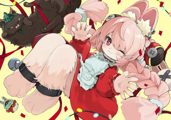 1girl :3 alternate_costume animal_ear_fluff animal_ear_piercing animal_ears animal_feet anklet apron bangboo_(zenless_zone_zero) blush braid braided_twintails bright_pupils brown_cat cat christmas_lights closed_mouth commentary_request frilled_apron frilled_sleeves frills full_body furry furry_female jewelry long_hair looking_at_another natsume_eri one_eye_closed pink_fur pink_hair rabbit_ears rabbit_girl red_hair red_shirt screw shirt short_eyebrows thick_eyebrows white_apron white_pupils yellow_background zenless_zone_zero zhao_(zenless_zone_zero)