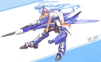 1girl bandana blue_hair child crossover eyebrows female_focus gerwalk giant giantess green_eyes gun gunpod klan_klein long_hair macross macross_frontier mecha meltrandi mikhail_buran one-piece_swimsuit pointy_ears riding rifle robot s.m.s. sachito shield solo swimsuit very_long_hair vf-25 weapon zentradi