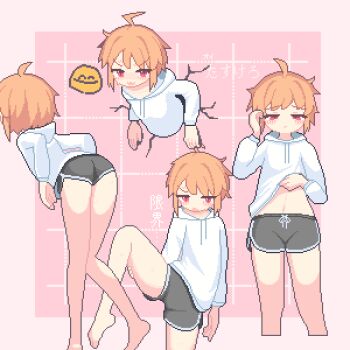 1girl ahoge ass bare_legs bent_over black_shorts blush clothes_lift cropped_legs dolphin_shorts drawstring grid_background hand_on_own_thigh highres hood hood_down hoodie hoodie_lift jitome leg_lift lifting_own_clothes navel open_mouth orange_hair original pink_background pixel_art red_eyes shorts smiley_face solo sotie through_wall white_hoodie
