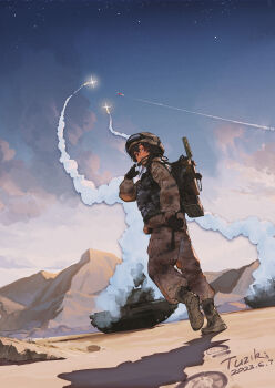 1girl absurdres anti-aircraft anti-aircraft_missile assault_rifle backpack bag black_boots black_gloves boots brown_hair bulletproof_vest bullpup camouflage cloud cloudy_sky combat_helmet cruise_missile dated desert desert_camouflage dusk dutch_angle evening field_radio footprints from_behind full_body glint gloves goggles goggles_on_head gun gun_sling headset helmet highres long_hair long_sleeves looking_at_viewer looking_back microphone military military_combat_uniform military_uniform missile_vehicle mountain original people&#039;s_liberation_army qbz-95 red_eyes rifle self-propelled_anti-aircraft_weapon sidelocks signature sky smoke smoke_trail solo surface-to-air_missile tuziki_sang vertical_launching_system_(vls) weapon weapon_on_back