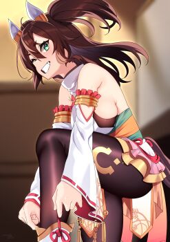 1girl absurdres adjusting_clothes animal_ears black_pantyhose breasts brown_hair clenched_teeth commentary_request detached_sleeves ear_covers green_eyes highres horse_ears horse_girl inari_one_(fields_of_gold)_(umamusume) inari_one_(umamusume) large_breasts long_hair looking_at_viewer medium_hair nebusoku official_alternate_costume one_eye_closed pantyhose smile solo standing standing_on_one_leg teeth umamusume white_sleeves