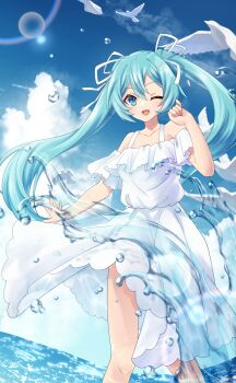 1girl alternate_costume aqua_eyes aqua_hair bird blue_sky blush cloud collarbone dress hair_between_eyes hair_ornament hair_ribbon hatsune_miku highres looking_at_viewer marian_oekaki one_eye_closed open_mouth ribbon sky smile solo splashing splatter vocaloid water white_dress white_ribbon