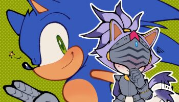 Rule 34 | 1boy, 1girl, animal ears, animal nose, armor, blaze the cat, blue fur, blush, breastplate, cat ears, cat girl, cat tail, closed mouth, cosplay, forehead jewel, furry, furry female, furry male, gauntlets, gloves, green background, green eyes, grey gloves, hand up, hedgehog, helmet, highres, looking at viewer, percival (sonic), polka dot, polka dot background, ponytail, purple fur, smile, sonic (series), sonic and the black knight, sonic the hedgehog, spidercheetos, star (symbol), tail, tail wagging, v, white gloves