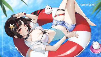 1girl absurdres bandaid bandaid_on_face bandaid_on_nose belt_collar bikini black_hair bracelet breasts cleavage collar commission cropped_jacket denim denim_shorts hair_ornament highres indie_virtual_youtuber jacket jewelry long_hair looking_at_viewer medium_breasts multicolored_hair open_clothes open_jacket open_mouth partially_submerged pink_nails red_eyes red_hair scrunchie short_sleeves shorts side_ponytail skeb_commission solo star_(symbol) star_hair_ornament streaked_hair swim_ring swimsuit tanaka_(tps9g) thigh_strap virtual_youtuber water white_bikini white_jacket x_hair_ornament