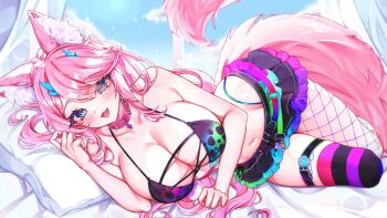 1girl animal_ear_fluff asymmetrical_legwear black_skirt black_thighhighs blue_eyes blue_horns breasts cat_girl cat_tail cleavage collar collarbone commission drowsenss fishnet_pantyhose fishnets highres horns indie_virtual_youtuber large_breasts long_hair mandarzrawr_(vtuber) miniskirt navel open_mouth pantyhose pillow pink_collar pink_hair purple_thighhighs skirt smile solo spiked_collar spikes striped_clothes striped_thighhighs tail thighhighs virtual_youtuber