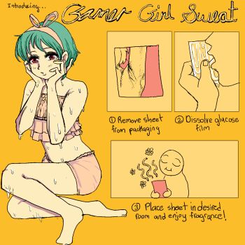 Rule 34 | 1girl, 1other, armpits, commentary, english commentary, english text, frilled tube top, frills, green hair, hairband, hands on own cheeks, hands on own face, highres, licking, limited palette, nervous sweating, original, pink hairband, pink shorts, red eyes, short hair, shorts, sitting, strapless, sweat, toasty rolls, tube top, yokozuwari