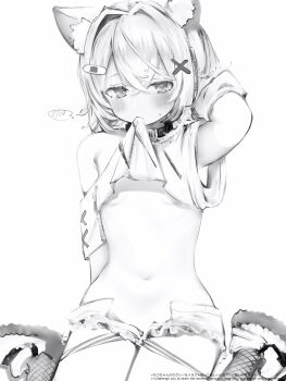 absurdres armpits blush breasts clothes_in_mouth clothes_lift highres hololive hololive_english midriff mococo_abyssgard mouth_hold nanashi_(nlo) navel on_floor shirt_in_mouth shirt_lift shorts small_breasts underboob virtual_youtuber