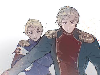 ! 2boys ahoge america_(hetalia) axis_powers_hetalia belt black_belt blonde_hair blood blood_on_clothes blood_on_hands blue_eyes blue_jacket blush buttons closed_mouth epaulettes green_jacket grey_hair injury jacket long_sleeves looking_afar looking_at_another male_focus military military_jacket military_uniform multiple_boys open_mouth protecting purple_eyes russia_(hetalia) short_hair simple_background sweatdrop teeth torn_clothes torn_jacket upper_body vampiryprpr white_background