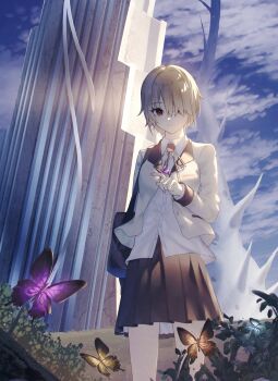 1girl alternate_costume angel_beats! animal asukake_project backlighting bag black_skirt blonde_hair blue_sky bug building butterfly butterfly_on_hand cloud cloudy_sky collared_shirt commentary company_connection cowboy_shot day flower hair_over_one_eye heaven_burns_red highres insect jacket kayamori_ruka key_(company) light_particles long_sleeves looking_at_viewer miniskirt neck_ribbon one_eye_covered open_clothes open_jacket outdoors pleated_skirt purple_butterfly red_eyes ribbon ruins scenery school_bag school_uniform shirt short_hair shoulder_bag skirt sky socks solo standing tree white_jacket white_shirt yellow_ribbon