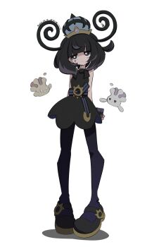 Rule 34 | 1girl, arms behind back, belt, belt buckle, black eyes, black hair, black pantyhose, black shoes, blunt bangs, blush, bob cut, box, breasts, buckle, closed mouth, dated, dress, full body, gen 8 pokemon, gift, gift box, gradient pantyhose, gwynn (pokemon), hat, highres, holding, holding behind back, holding box, ida (idalol490), milcery, nintendo, o-ring, o-ring belt, pantyhose, pokemon, pokemon (creature), pokemon legends: z-a, purple eyes, purple hair, purple pantyhose, shoes, short hair, simple background, sleeveless, sleeveless dress, small breasts, solo, white background