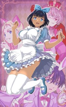 1boy 3girls alice's_adventures_in_wonderland alice_(alice_in_wonderland) animal_ears black_hair blonde_hair blue_eyes breasts cat_ears cat_girl clenched_hands clock cosplay crown dress formal_clothes gloves grin haine_(summertime_render) hair_ribbon half-closed_eyes highres jumping kofune_mio kofune_ushio large_breasts legs long_hair looking_at_viewer multiple_girls no_panties open_mouth rabbit_ears red_eyes ribbon short_hair siblings sisters smile summertime_render tan teeth thighs tongue white_eyes white_hair